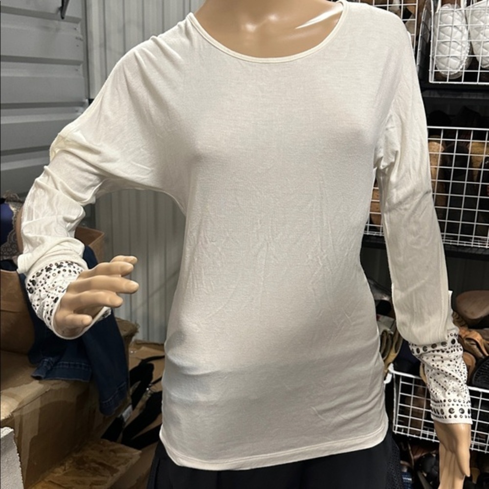 BKE White Blouse with Studded Patterned Long Sleeves size medium
